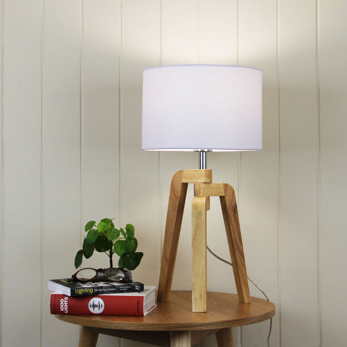 LUND - Stunning Scandi Natural Timber Tripod Base Table Lamp Featuring White Poly Cotton Hard Backed Shade