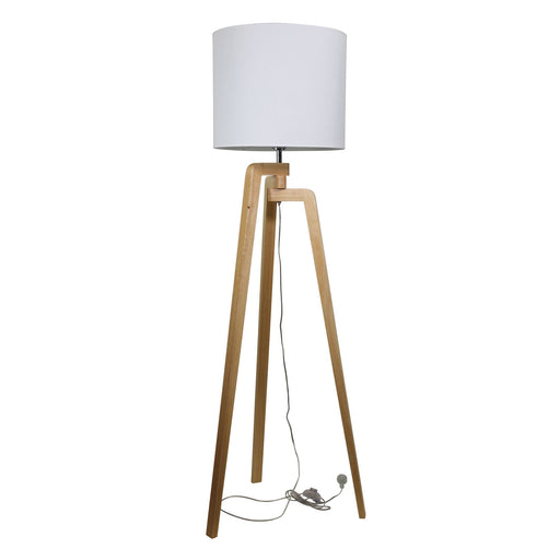 Oriel LUND - Stunning Scandi Natural Timber Tripod Base Floor Lamp Featuring White Poly Cotton Hard Backed Shade