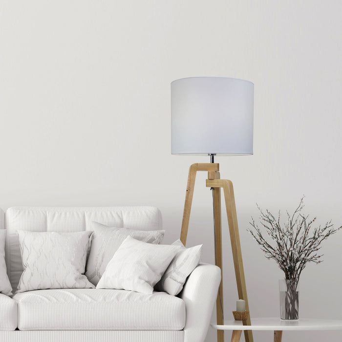 LUND - Stunning Scandi Natural Timber Tripod Base Floor Lamp Featuring White Poly Cotton Hard Backed Shade