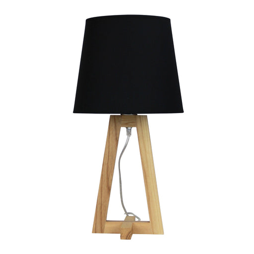 Oriel EDRA - Stunning Geometric Scandi Table Lamp Featuring Natural Timber Cross Over Base & Black Poly Cotton Shade