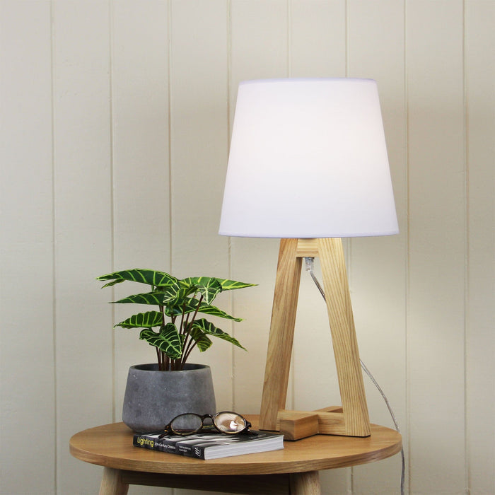 EDRA - Stunning Geometric Scandi Table Lamp Featuring Natural Timber Cross Over Base & White Poly Cotton Shade
