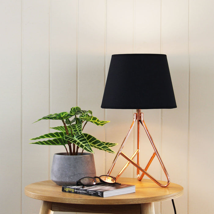 NOLITA - Modern Copper Metal Base 1 Light Table Lamp With A Black Cotton Shade With Copper Inner Highlight