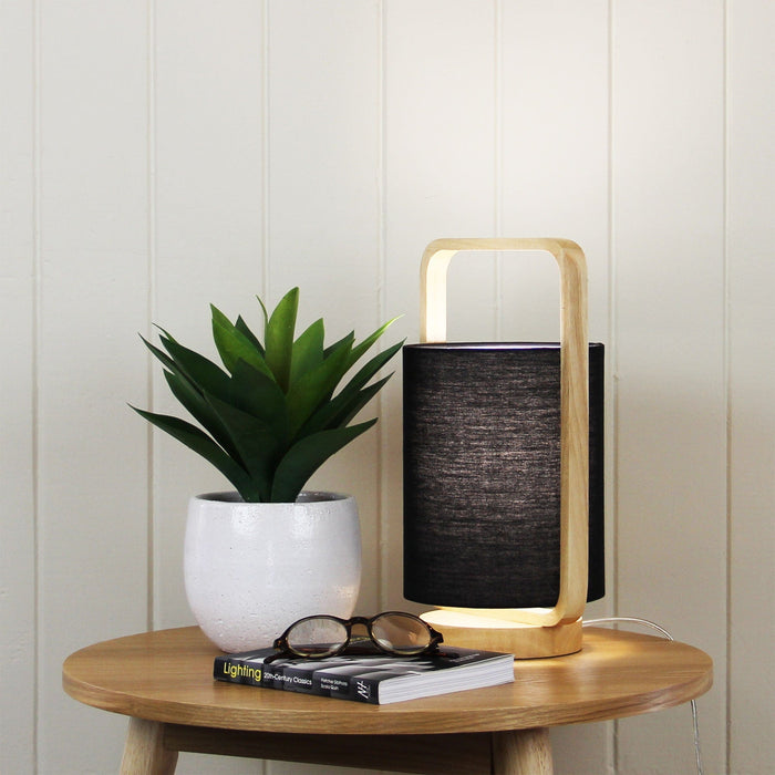 LUCIA - Modern Natural Timber Frame 1 Light Table Lamp With Black Inner Shade