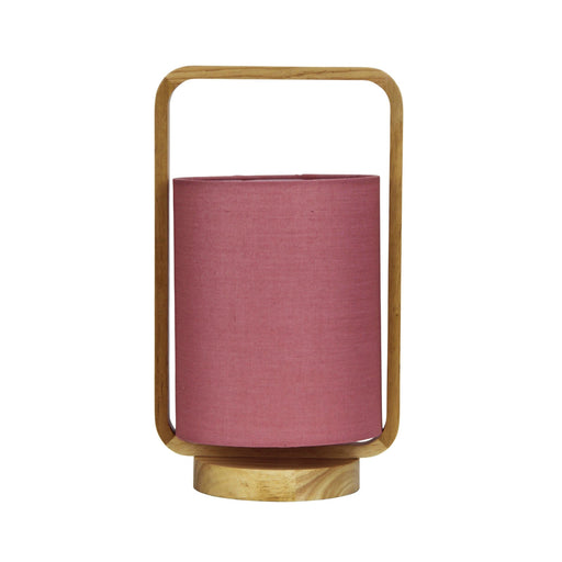 Oriel LUCIA - Modern Natural Timber Frame 1 Light Table Lamp With Pink Inner Shade