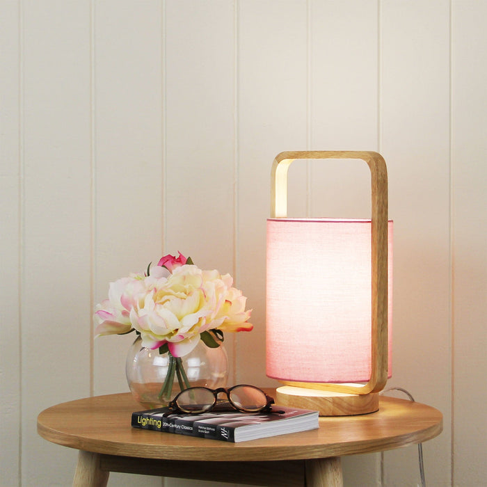 LUCIA - Modern Natural Timber Frame 1 Light Table Lamp With Pink Inner Shade