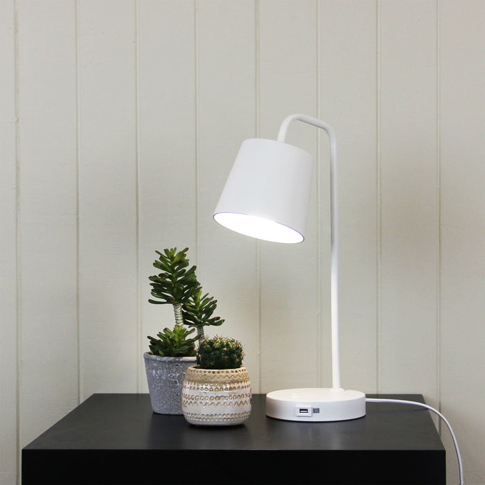 HENK - Plain White 1 Light Table Lamp Featuring On/Off Switch & USB Charging Port On Base