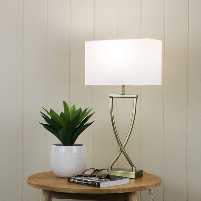 CHI - Contemporary Antique Brass Base 1 Light Table Lamp Featuring Rectangular White Shade With A Gentle Pearl Essence