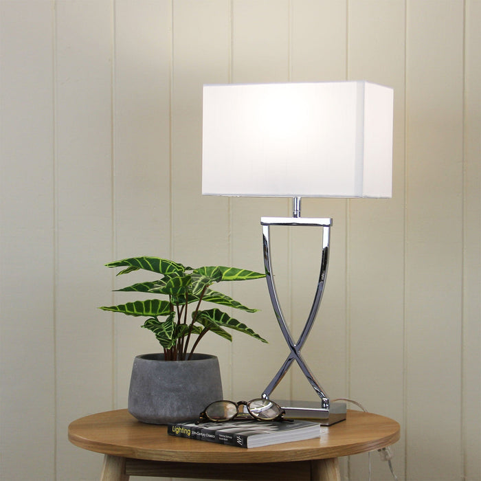CHI - Contemporary Chrome Base 1 Light Table Lamp Featuring Rectangular White Shade With A Gentle Pearl Essence