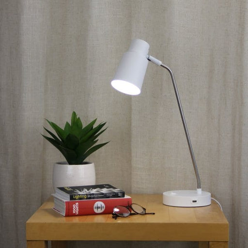 RIK White and Brushed Chrome 1 x E27 Table Lamp with USB Socket Oriel