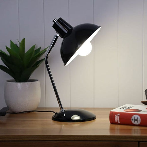 THEA Gloss Black 1 x E27 Desk Lamp with Chrome Stem Oriel