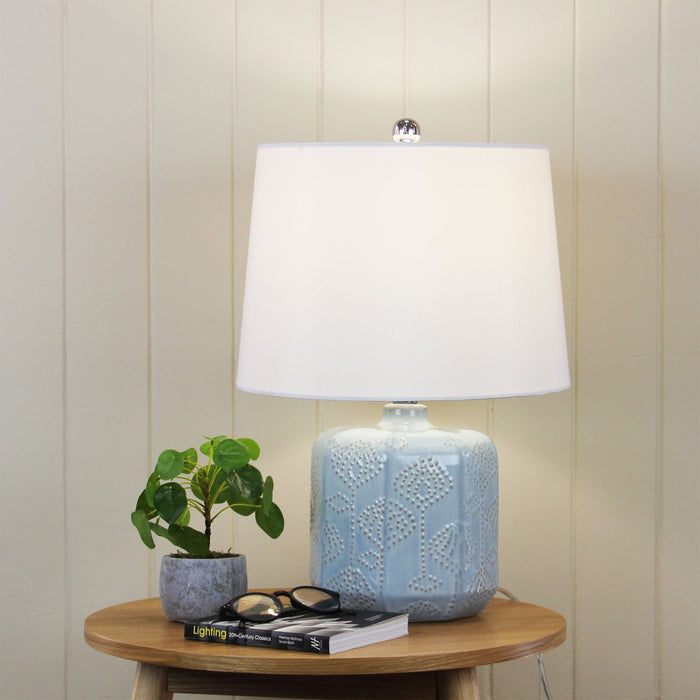 BIKKI - Elegant Duck Egg Blue Ceramic Base 1 Light Table Lamp With White Hardback Shade