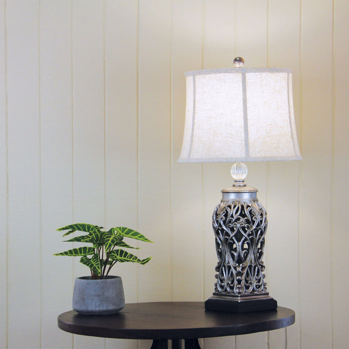 DORNE - Unique Tall Antique Silver Base Table Lamp With Raw Linen Shade