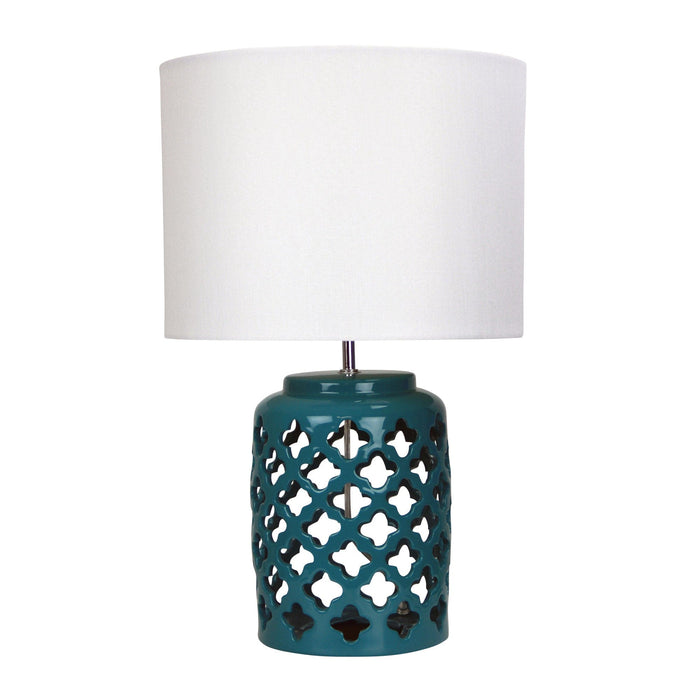 Oriel CASBAH - Modern Teal Ceramic Base 1 Light Table Lamp With Hardback Beige Shade