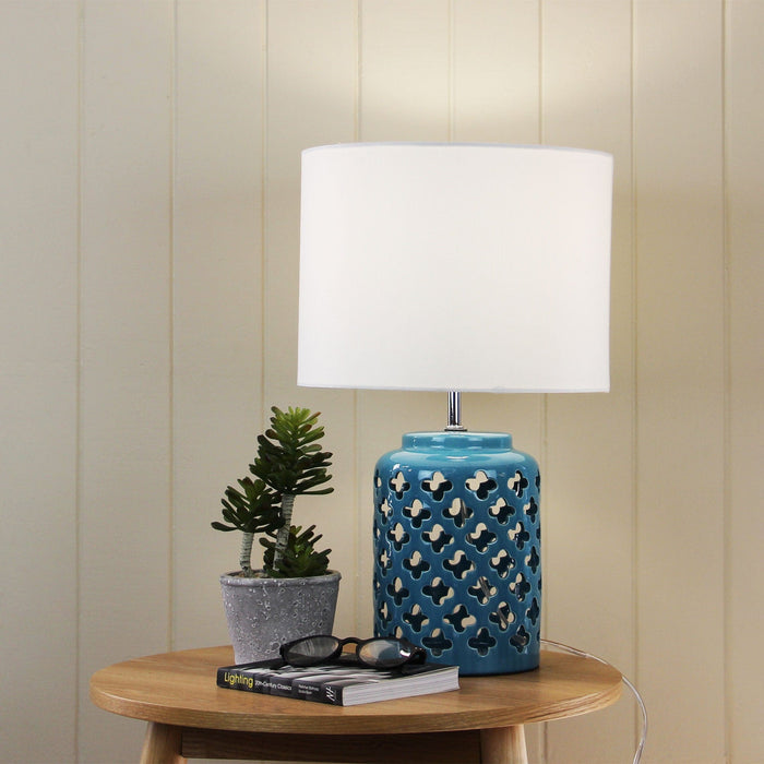 CASBAH - Modern Teal Ceramic Base 1 Light Table Lamp With Hardback Beige Shade
