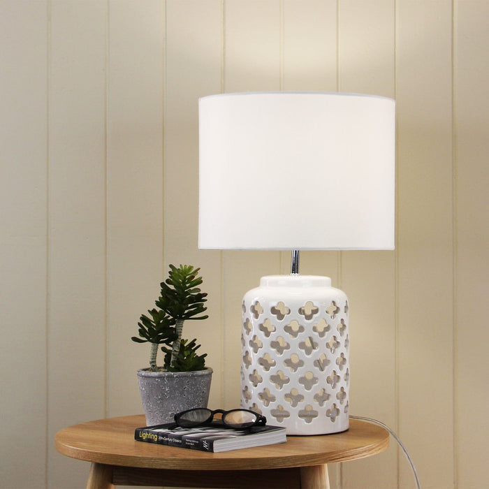 CASBAH - Modern Antique White Ceramic Base 1 Light Table Lamp With Hardback Beige Shade