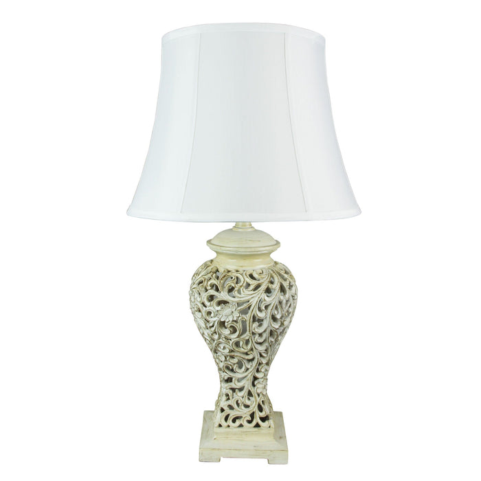 Oriel DEVANA - Elegant Tall Floral Patterned Base 1 Light Table Lamp With White Silk Shade
