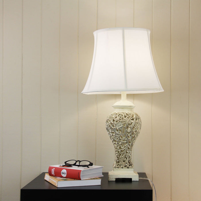 DEVANA - Elegant Tall Floral Patterned Base 1 Light Table Lamp With White Silk Shade