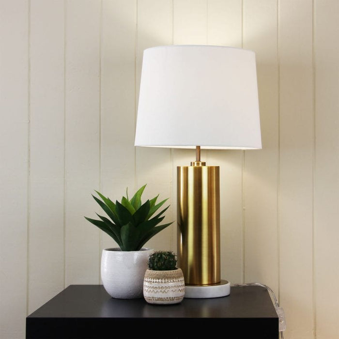SAVONA - Modern Antique Brass & Marble Base 1 Light Table Lamp With White Linen Shade