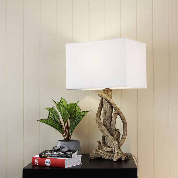 SEDONA - Aged Timber Finish (Resin) Base 1 Light Table Lamp With White Linen Rectangular Shade