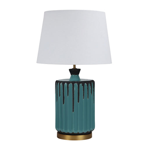 Oriel AZURE - Modern Crazed Aqua And Charcoal Ceramic Base 1 Light Table Lamp With White Linen Shade