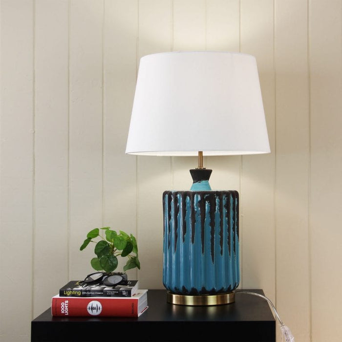 AZURE - Modern Crazed Aqua And Charcoal Ceramic Base 1 Light Table Lamp With White Linen Shade