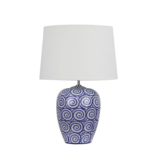 Oriel PIPPI - Elegant Blue Swirl Patterned Ceramic Base 1 Light Table Lamp With Calico Linen Shade