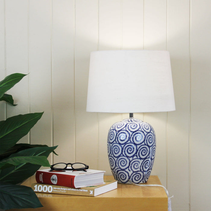 PIPPI - Elegant Blue Swirl Patterned Ceramic Base 1 Light Table Lamp With Calico Linen Shade