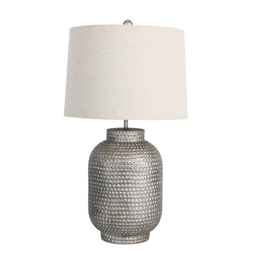 Oriel PALMA - Modern Indented Dot Patterned Brushed Antique Silver Base Table Lamp With Flax Linen Hard Back Shade