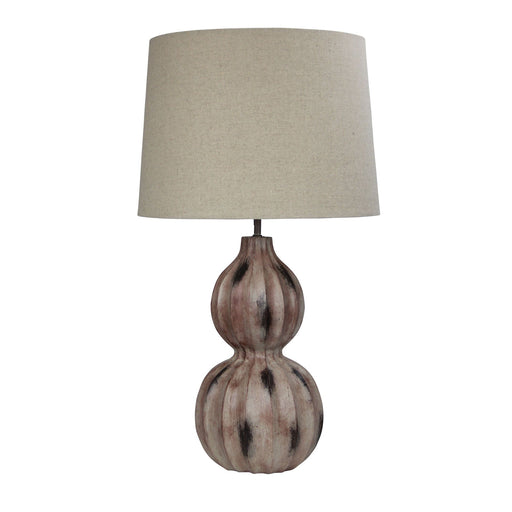 Oriel AUTUMN - Elegant Brushed Finish Faux Timber Base (Hints OF Black & Browns) Table Lamp Featuring Raw Linen Look Shade With Brown Flecks
