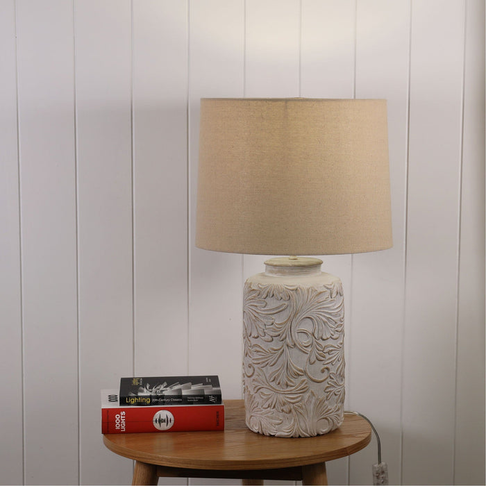 ANDORRA - Stunning White Washed Timber Floral Patterned Design Base Table Lamp Featuring Flax Linen Hard Back Shade
