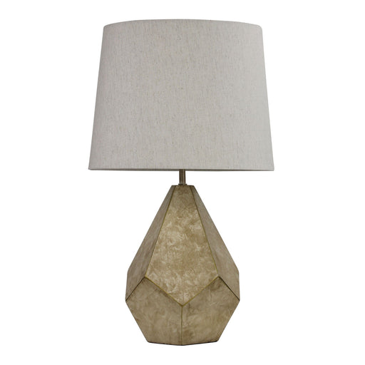 Oriel LEON - Modern Geometric White & Gold Base 1 Light Table Lamp Featuring Flax Linen Hardback Shade