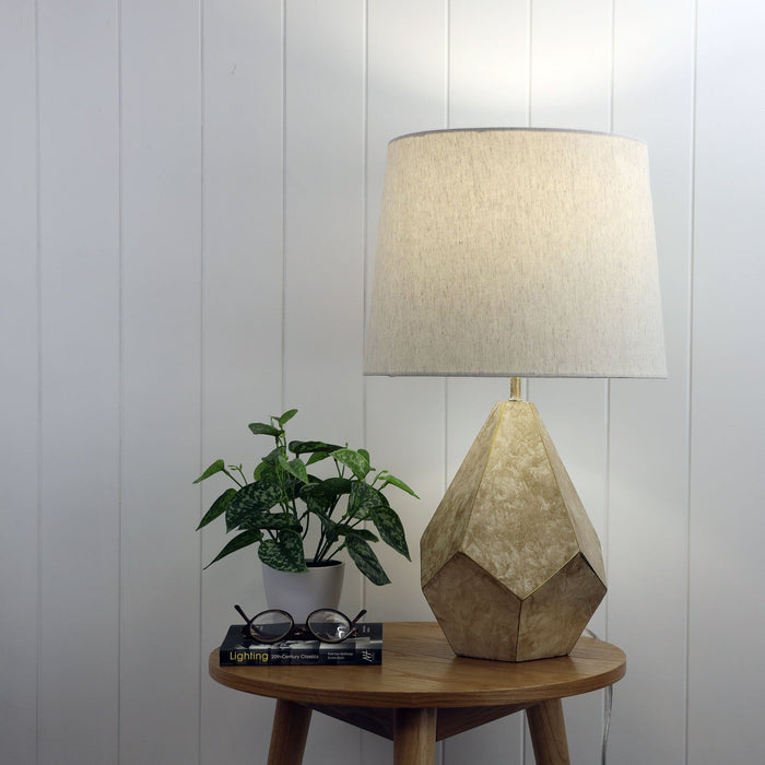 LEON - Modern Geometric White & Gold Base 1 Light Table Lamp Featuring Flax Linen Hardback Shade