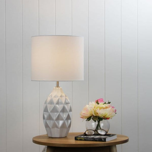JORN Ivory Ceramic 1 x E27 Table Lamp with Ivory Linen Drum Shade Oriel