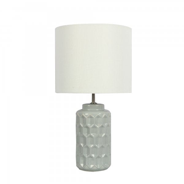 HELGE Blue-Grey Ceramic 1 x E27 Table Lamp with Ivory Linen Drum Shade Oriel