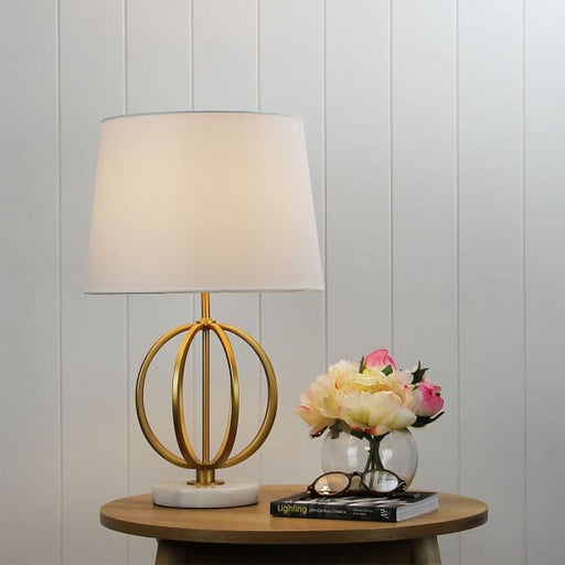 LOXTON Gold and Marble 1 x E27 Table Lamp with White Cotton Shade Oriel