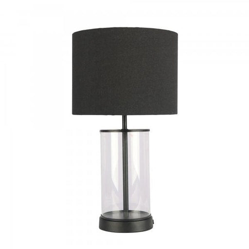 BRITT Clear Glass and Black Stem 1 x E27 Table Lamp with Black Cotton Drum Shade Oriel