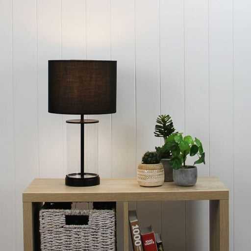 BRITT Clear Glass and Black Stem 1 x E27 Table Lamp with Black Cotton Drum Shade Oriel