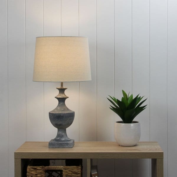 EXETER Grey and White Wash Resin 1 x E27 Table Lamp with Flax Linen Drum Shade Oriel