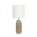 ZAMORA Beige and Brown Ceramic 1 x E27 Table Lamp with Brushed Chrome Metalware and Ivory Linen Drum Shade Oriel