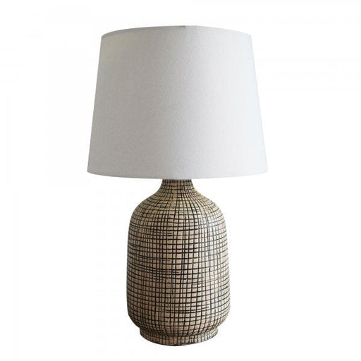 BISCAY Fawn and Brown Ceramic 1 x E27 Table Lamp with Brushed Chrome Metalware and Ivory Linen Drum Shade Oriel
