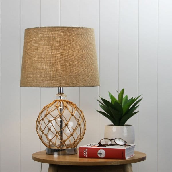 YAMBA Glass and Natural Fibre Fishing Net 1 x E27 Table Lamp with Hessian Tapered Shade Oriel