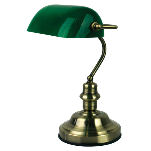 Oriel BANKERS - Traditional Antique Brass Bankers Lamp With Gloss Green Glass