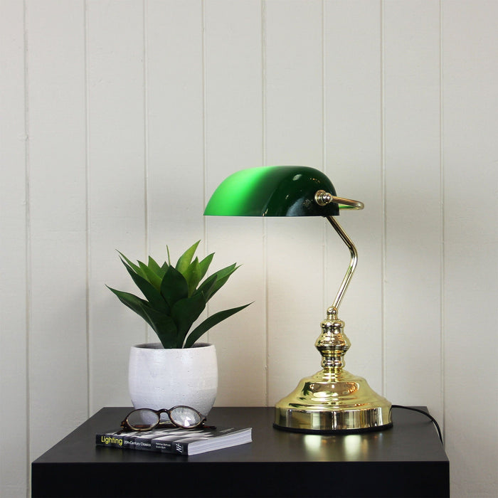 BANKERS - Traditional Polished Brass Bankers Lamp With Gloss Green Glass