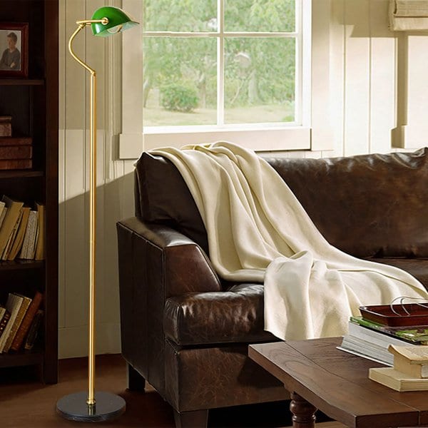 BANKERS Floor Lamp with Green Shade + Antique Brass Stand and Black Base Oriel