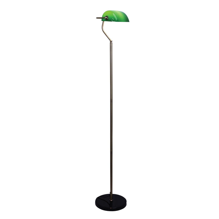 Oriel BANKERS Floor Lamp with Green Shade + Antique Brass Stand and Black Base
