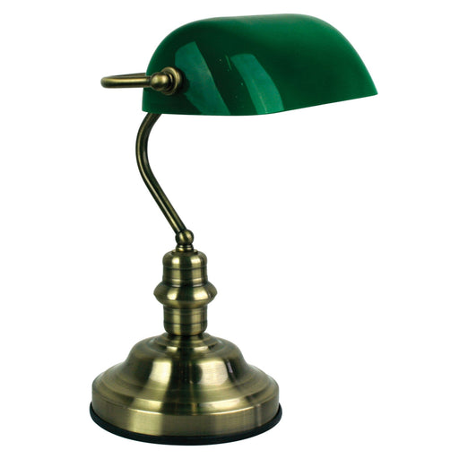 Oriel BANKERS - Traditional Style Antique Brass Touch Bankers Lamp With Dark Green Glass Shade - ON/OFF TOUCH
