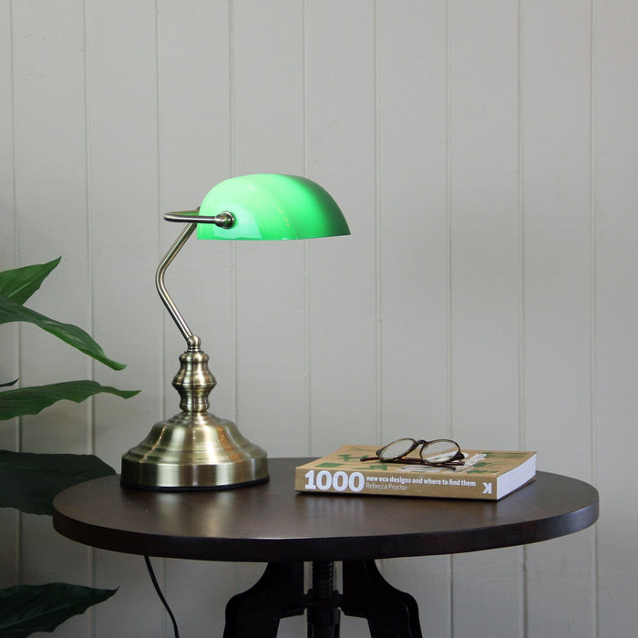 BANKERS - Traditional Style Antique Brass Touch Bankers Lamp With Dark Green Glass Shade  - ON/OFF TOUCH