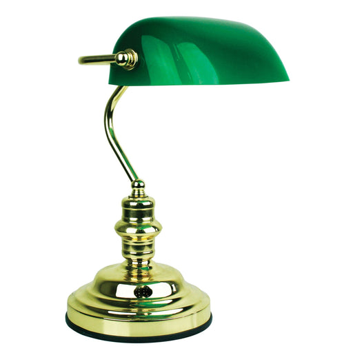 Oriel BANKERS - Traditional Style Brass Touch Bankers Lamp With Dark Green Glass Shade - ON/OFF TOUCH