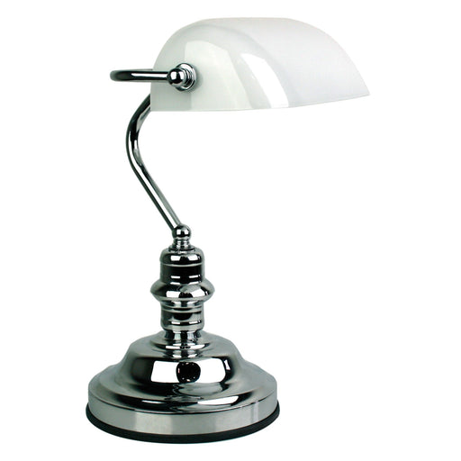 Oriel BANKERS - Traditional Style B22 Chrome Bankers Lamp With Gloss Opal Glass Shade - ON/OFF TOUCH
