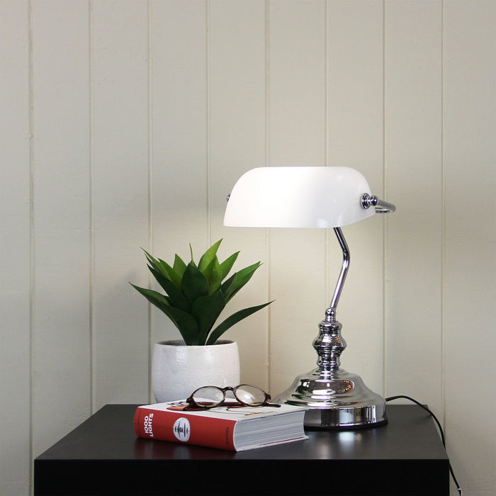 BANKERS - Traditional Style E27 Chrome Bankers Lamp With Gloss Opal Glass Shade  - ON/OFF TOUCH